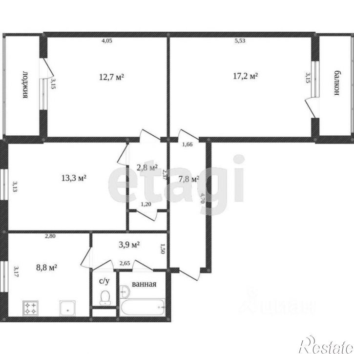 3-комн квартира ул Конева, 19,  д. 19